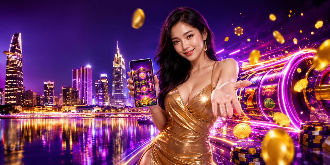 Màn hình slot game neon rực rỡ tại TP. Hồ Chí Minh về đêm trên điện thoại