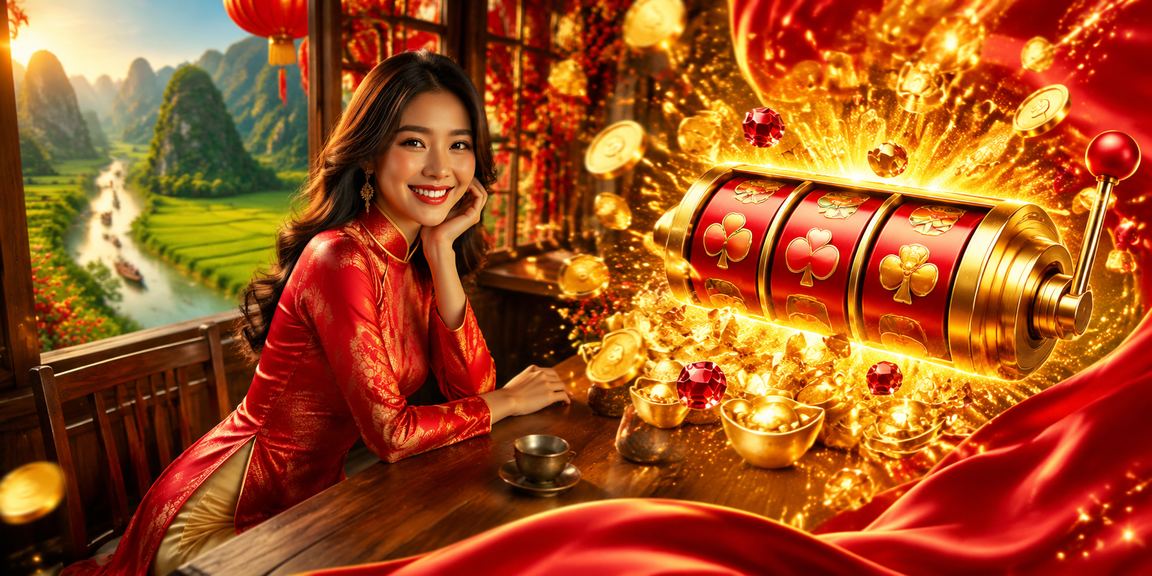 Người dùng tại Ninh Bình mặc áo dài thưởng thức slot game trên điện thoại giữa khung cảnh thiên nhiên